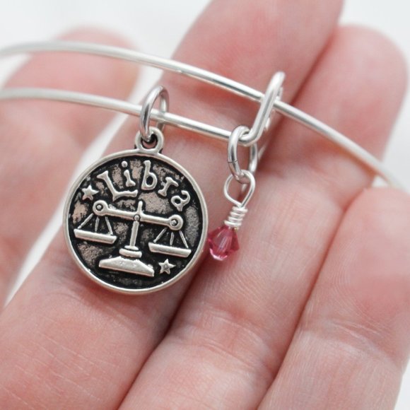 October Libra Adjustable Charm Bangle - Handmade Zodiac Bracelet - Picture 6 of 13